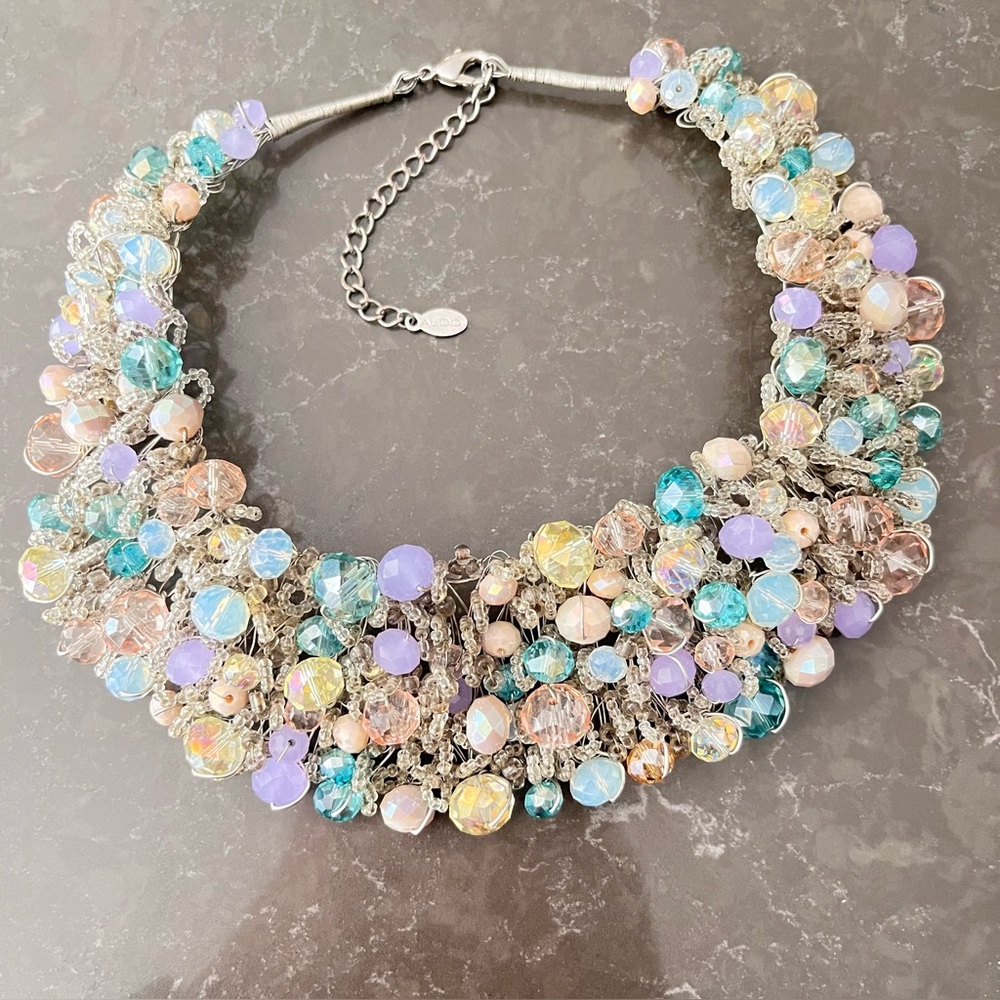 ALDO Pastel Cluster Bead Boho Bib Necklace Statement Costume Jewelry Silver Tone
